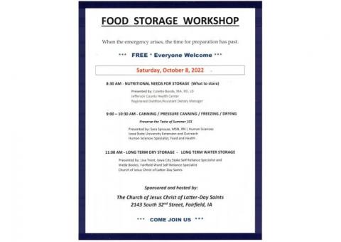 FOOD STORAGE WORKSHOP - FREE - OCTOBER 8TH - 8:30 AM - 12 PM